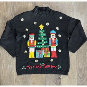 VTG Christmas Sweater Pullover Black Embroidered Beaded XLNutcracker Ugly party